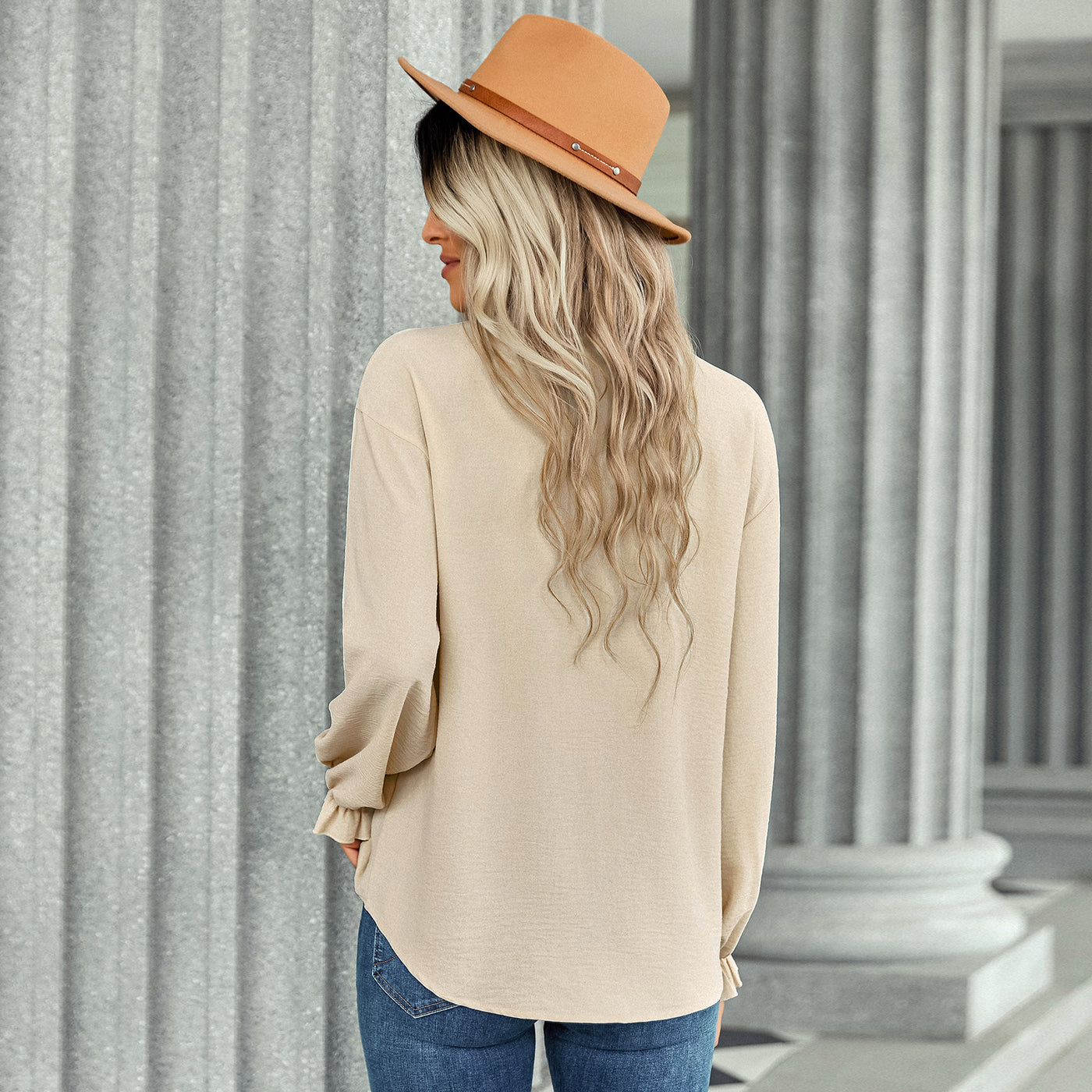 Flared Sleeve V-Neck Button-Down Shirt