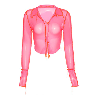 Sheer Long Sleeve Deep-V Slim Top