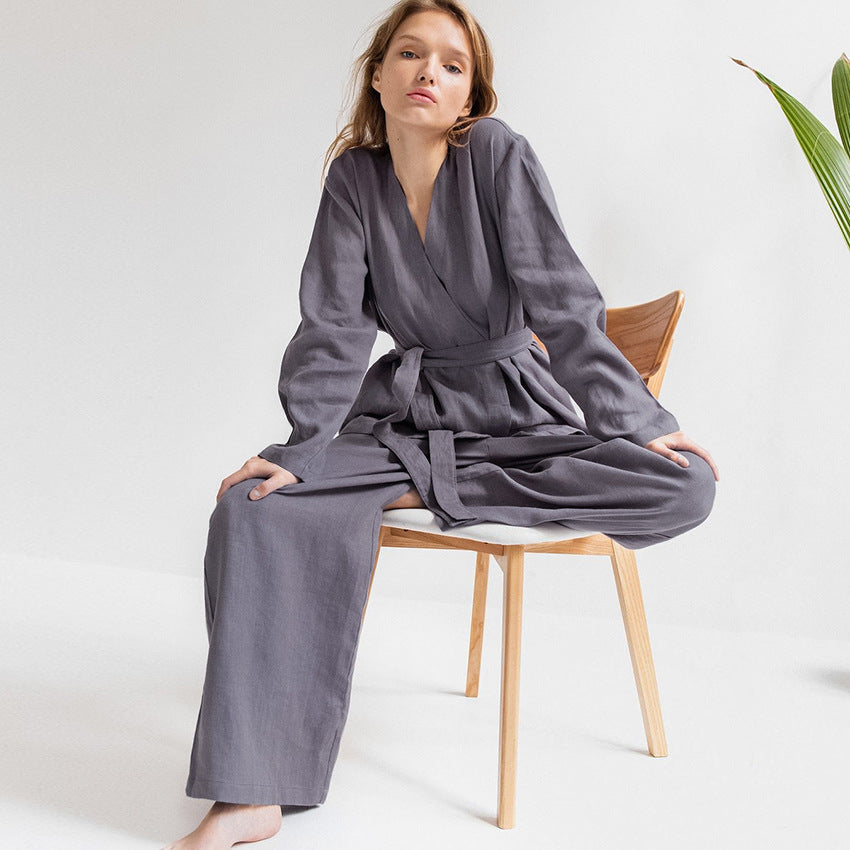 Lace Up Long Sleeve Cotton Linen Pajama Robe Set