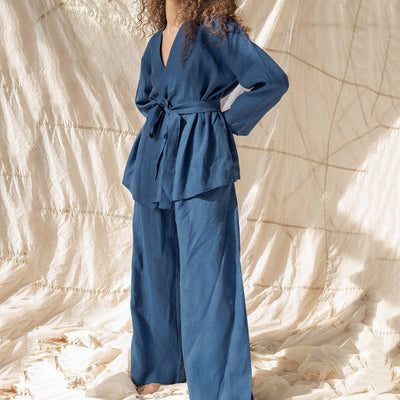 Lace Up Long Sleeve Cotton Linen Pajama Robe Set