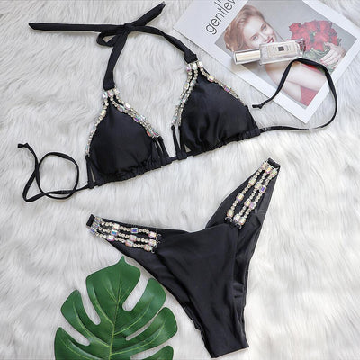 String Tie Top Rhinestone Bikini