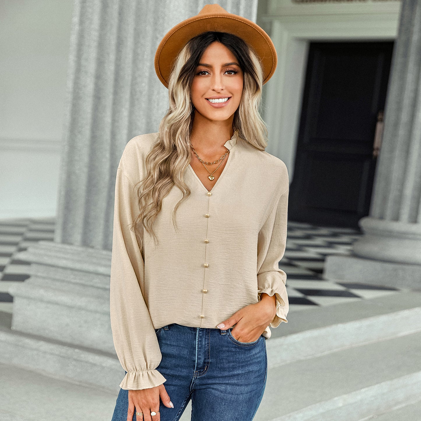 Flared Sleeve V-Neck Button-Down Shirt