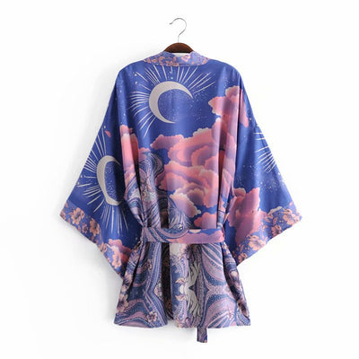Loose Belted Moon Print Cardigan Women's Kimono
