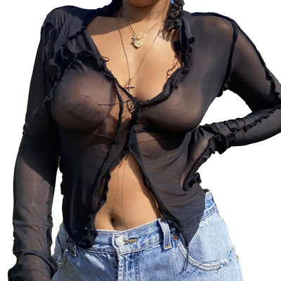 Sheer Long Sleeve Deep-V Slim Top