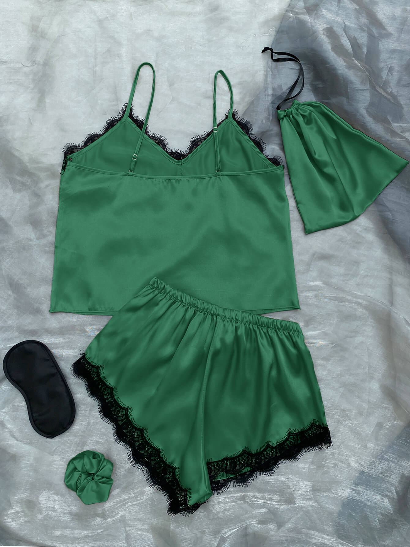 Satin Pajama Set-Lace Trim Cami, Shorts, Eye Mask, Scrunchie, and Bag
