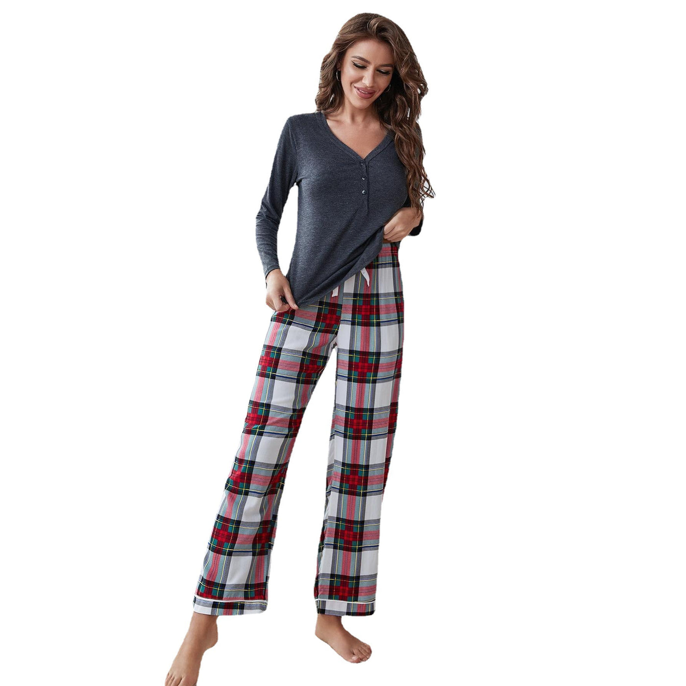 Solid Color Long Sleeve Top and Plaid Bottoms Pajama Set