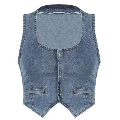 Blue Denim Button Up Tank Top Vest Jacket w/Wrap Strap (Petite)