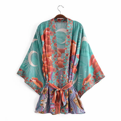 Loose Belted Moon Print Cardigan Women's Kimono