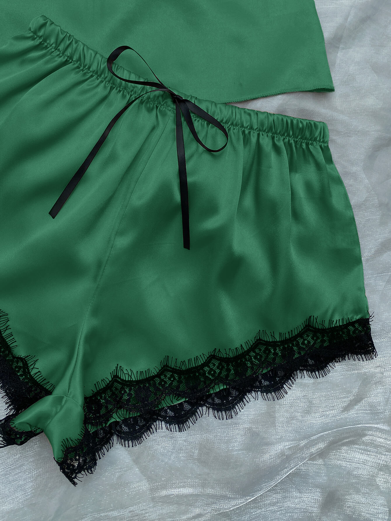 Satin Pajama Set-Lace Trim Cami, Shorts, Eye Mask, Scrunchie, and Bag