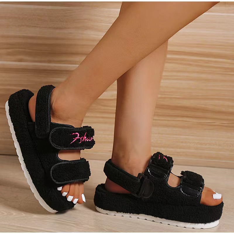 Velcro Plush Platform Sandals