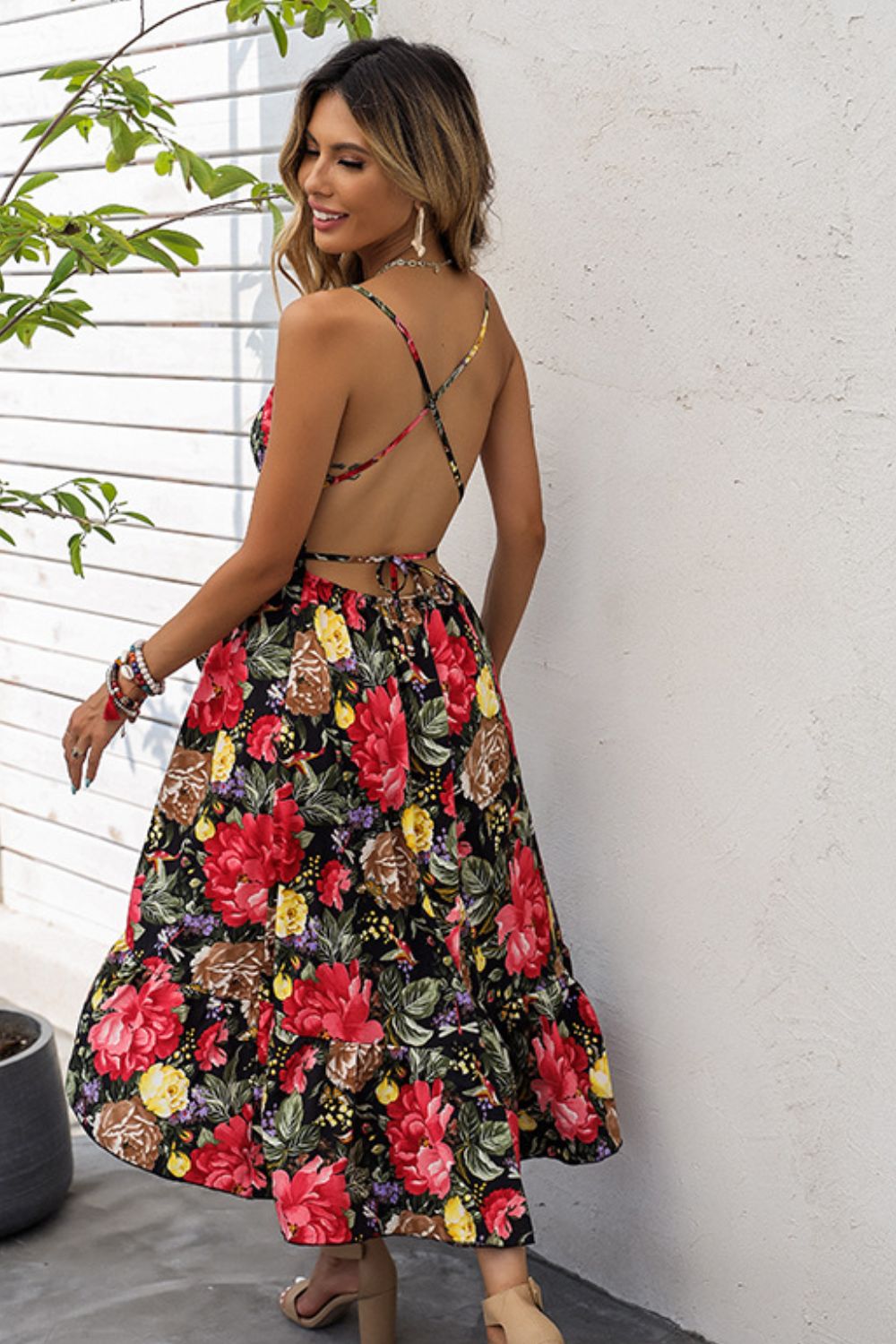 Floral Spaghetti Strap Crisscross Tie Dress