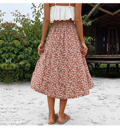 Wine Red Floral Print Skirt