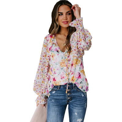 Floral Lantern Sleeve Loose Fitting Shirt (Plus sizes)