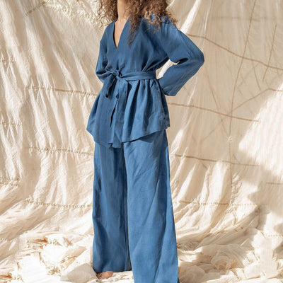 Lace Up Long Sleeve Cotton Linen Pajama Robe Set